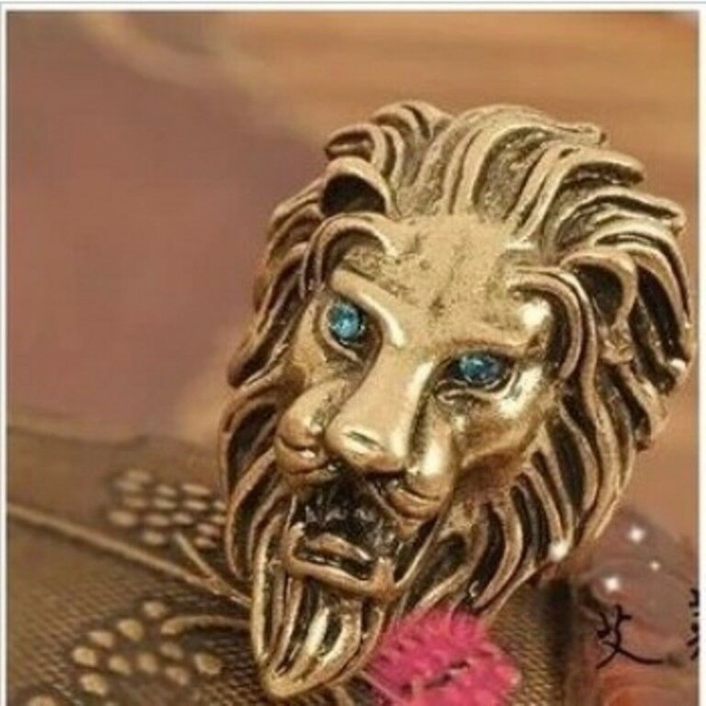 Bold Statement Lion Head Ring with Blue Stone